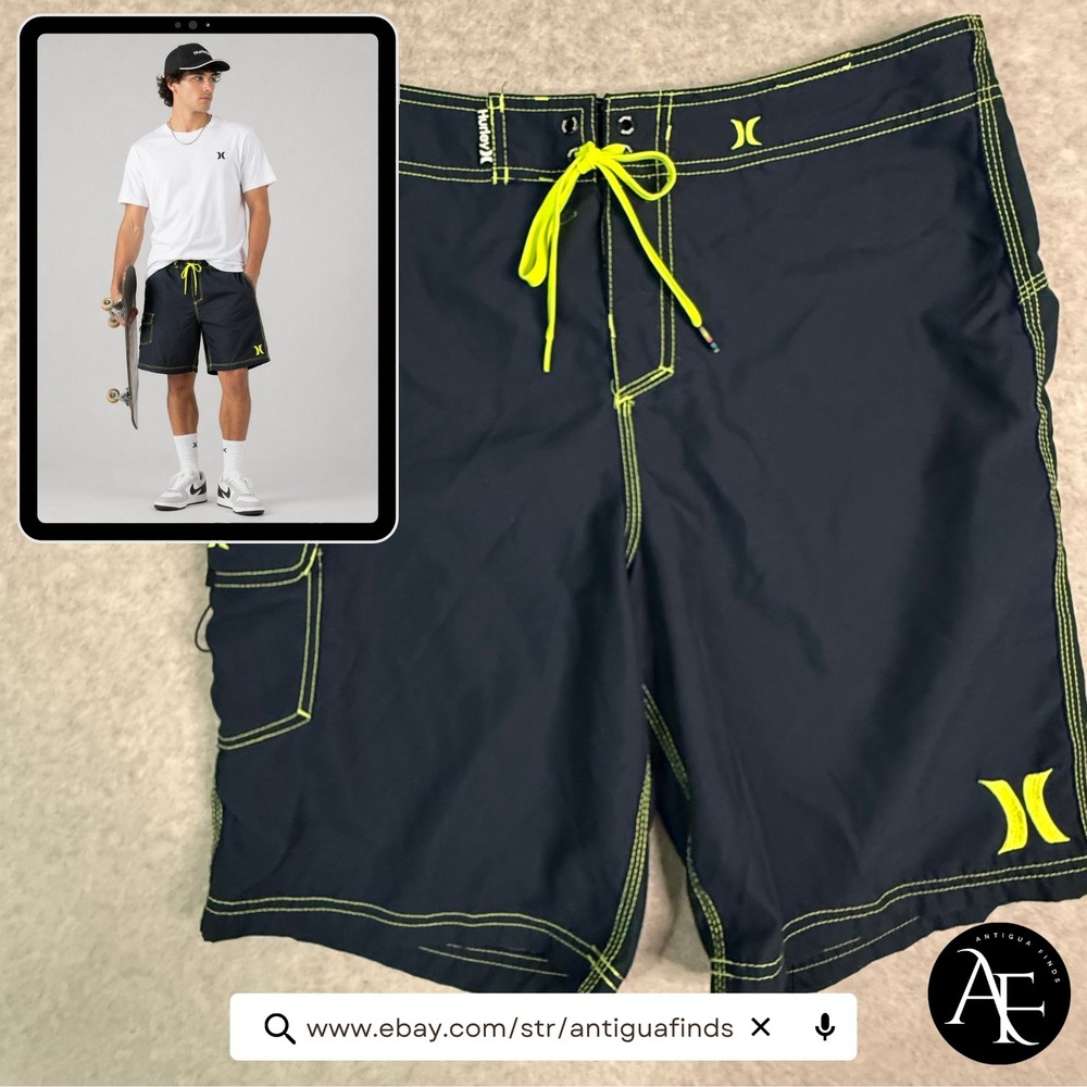 Hurley Board Shorts Men's‎ Size 33 Navy Blue Neon Green Cargo Pocket Swim Trunks